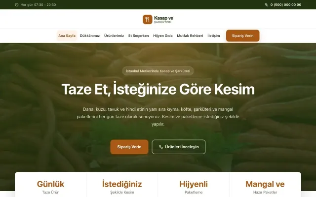 Kasap ve Şarküteri için Merkez Yeşil Turuncu – Kasap ve Şarküteri Web Sitesi ana sayfa görünümü