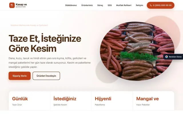 Kasap ve Şarküteri için Tek Sayfa Kahve Turuncu – Kasap ve Şarküteri Web Sitesi ana sayfa görünümü