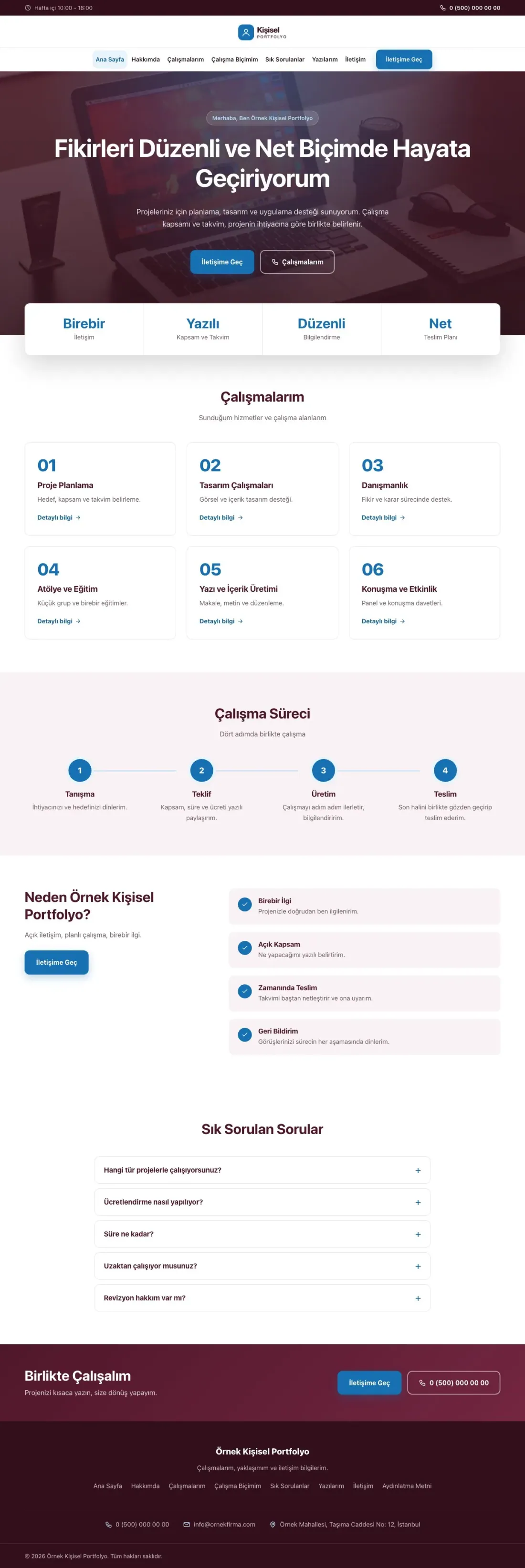 Merkez Bordo Mavi – Kişisel Portfolyo Web Sitesi ana sayfa görünümü