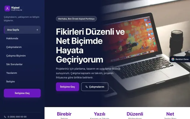 Kişisel Portfolyo için Sol Menü Lacivert Mor – Kişisel Portfolyo Web Sitesi ana sayfa görünümü