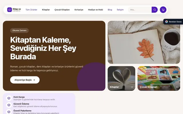 Kitap ve Kırtasiye Mağazası için Bento Kahve Mor – Kitap ve Kırtasiye Mağazası E-ticaret Sitesi ana sayfa görünümü