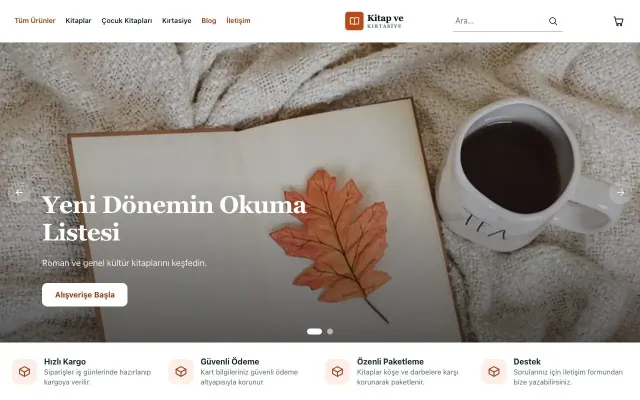 Kitap ve Kırtasiye Mağazası için Butik Petrol Turuncu – Kitap ve Kırtasiye Mağazası E-ticaret Sitesi ana sayfa görünümü