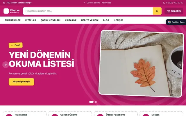 Kitap ve Kırtasiye Mağazası için Kampanya Petrol Pembe – Kitap ve Kırtasiye Mağazası E-ticaret Sitesi ana sayfa görünümü