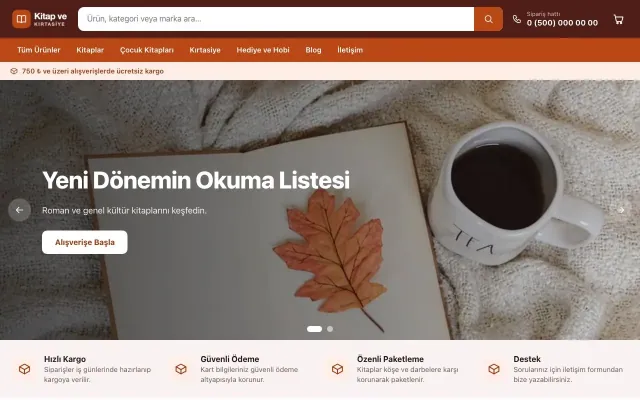 Kitap ve Kırtasiye Mağazası için Market Bordo Turuncu – Kitap ve Kırtasiye Mağazası E-ticaret Sitesi ana sayfa görünümü