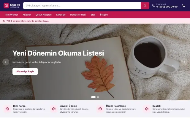 Kitap ve Kırtasiye Mağazası için Market Lacivert Pembe – Kitap ve Kırtasiye Mağazası E-ticaret Sitesi ana sayfa görünümü