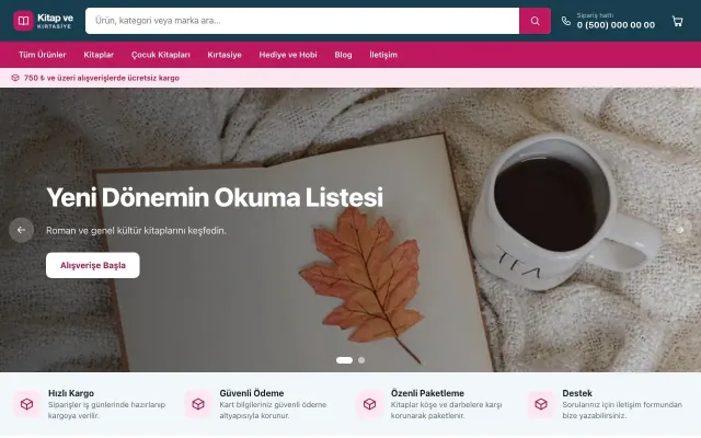 Kitap ve Kırtasiye Mağazası için Market Mavi Pembe – Kitap ve Kırtasiye Mağazası E-ticaret Sitesi ana sayfa görünümü