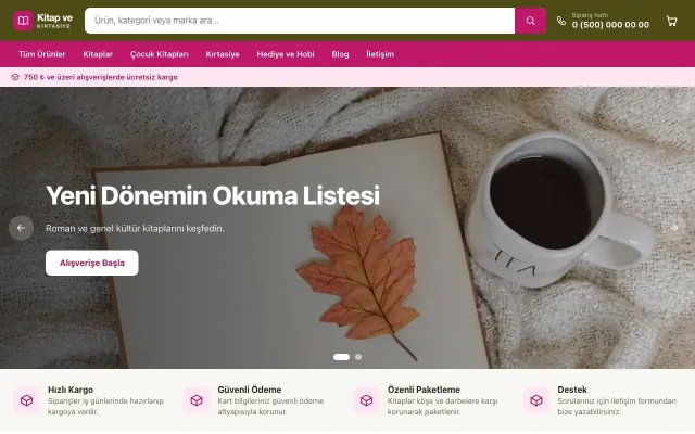 Kitap ve Kırtasiye Mağazası için Market Zeytin Pembe – Kitap ve Kırtasiye Mağazası E-ticaret Sitesi ana sayfa görünümü