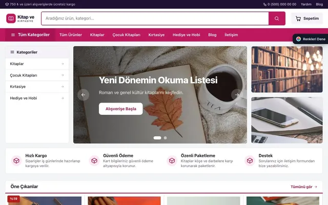 Kitap ve Kırtasiye Mağazası için Pazar Yeri Mor Pembe – Kitap ve Kırtasiye Mağazası E-ticaret Sitesi ana sayfa görünümü