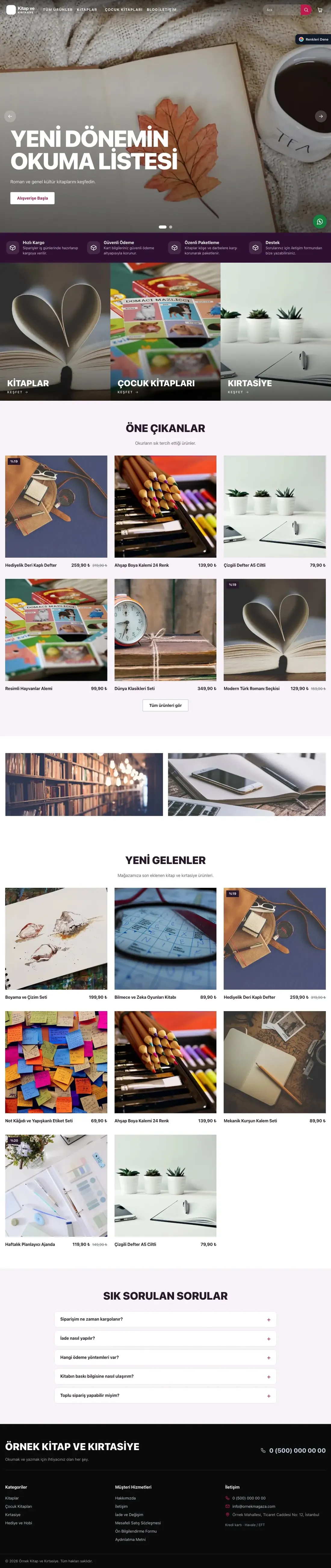 Kitap ve Kırtasiye Mağazası için Sahne Mor Pembe – Kitap ve Kırtasiye Mağazası E-ticaret Sitesi ana sayfa görünümü