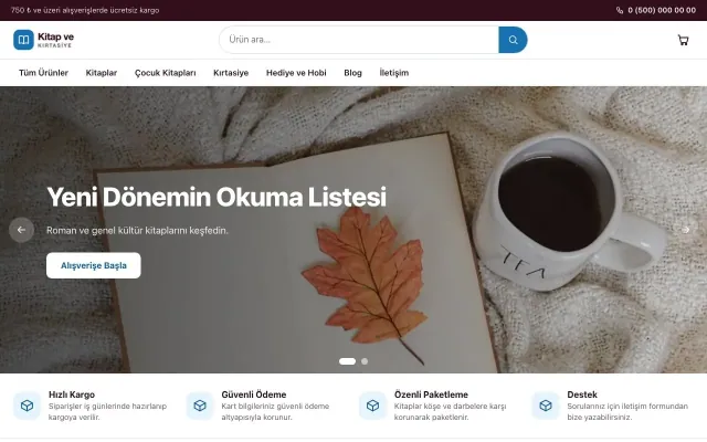 Kitap ve Kırtasiye Mağazası için Vitrin Bordo Mavi – Kitap ve Kırtasiye Mağazası E-ticaret Sitesi ana sayfa görünümü