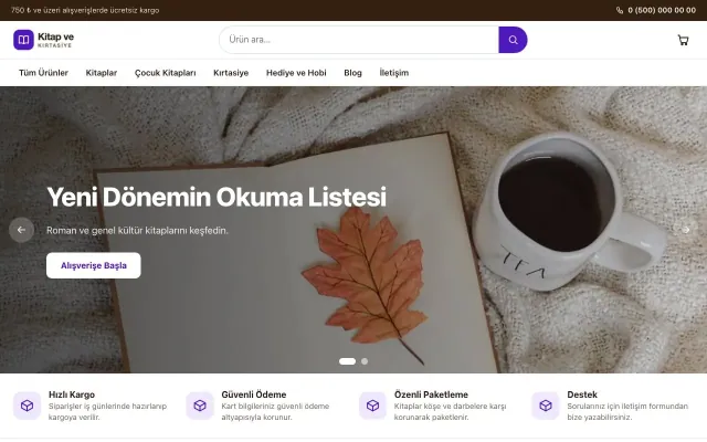 Kitap ve Kırtasiye Mağazası için Vitrin Kahve Mor – Kitap ve Kırtasiye Mağazası E-ticaret Sitesi ana sayfa görünümü