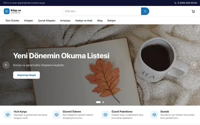 Kitap ve Kırtasiye Mağazası için Vitrin Lacivert Mavi – Kitap ve Kırtasiye Mağazası E-ticaret Sitesi ana sayfa görünümü