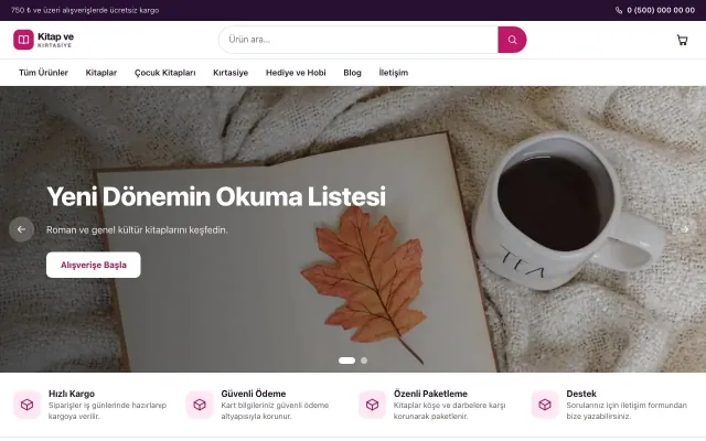 Kitap ve Kırtasiye Mağazası için Vitrin Mor Pembe – Kitap ve Kırtasiye Mağazası E-ticaret Sitesi ana sayfa görünümü