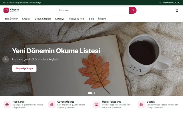 Kitap ve Kırtasiye Mağazası için Vitrin Yeşil Pembe – Kitap ve Kırtasiye Mağazası E-ticaret Sitesi ana sayfa görünümü