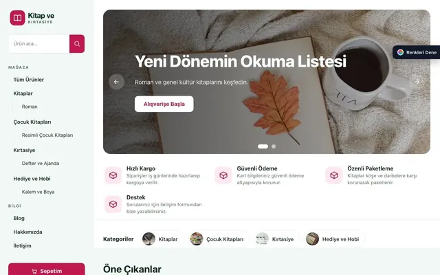Kitap ve Kırtasiye Mağazası için Yan Menü Yeşil Pembe – Kitap ve Kırtasiye Mağazası E-ticaret Sitesi ana sayfa görünümü