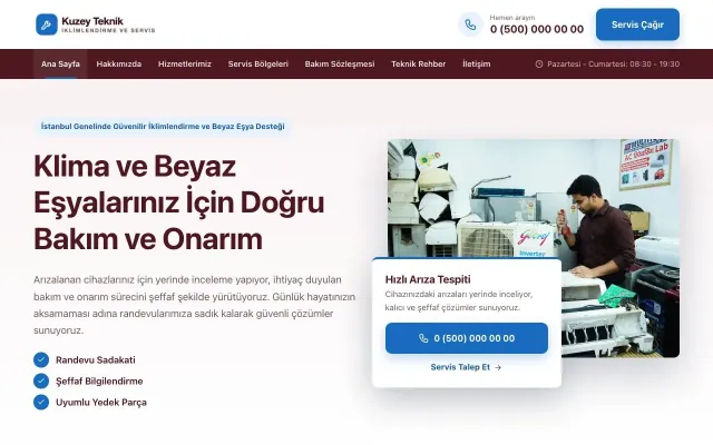 Bölünmüş Bordo Mavi – Klima ve Beyaz Eşya Servisi Web Sitesi ana sayfa görünümü
