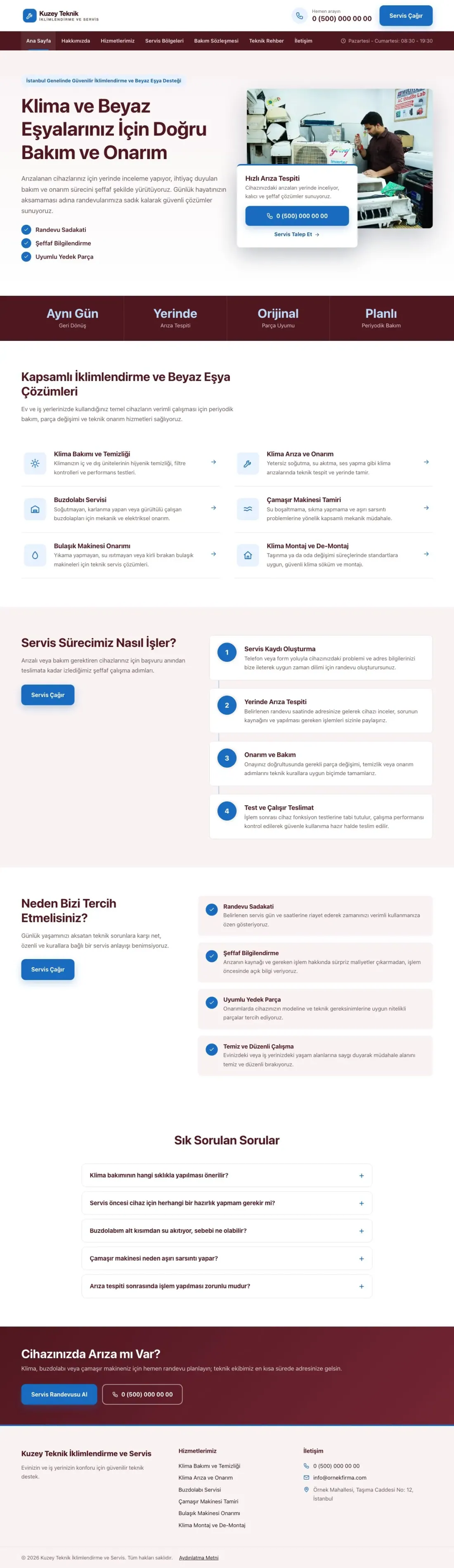 Bölünmüş Bordo Mavi – Klima ve Beyaz Eşya Servisi Web Sitesi ana sayfa görünümü