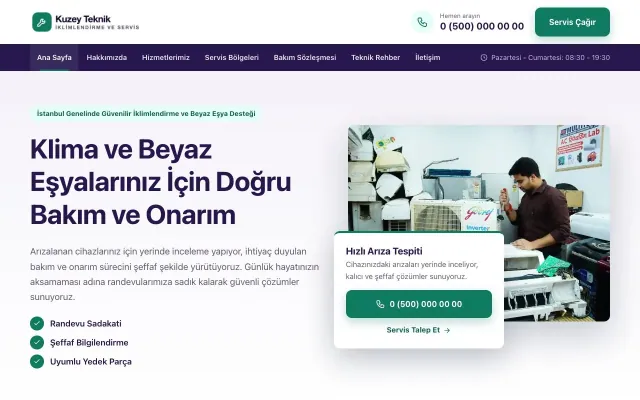 Bölünmüş Mor Turkuaz – Klima ve Beyaz Eşya Servisi Web Sitesi ana sayfa görünümü