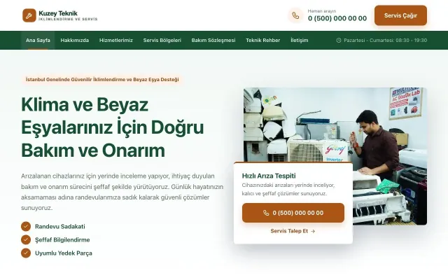 Bölünmüş Yeşil Turuncu – Klima ve Beyaz Eşya Servisi Web Sitesi ana sayfa görünümü