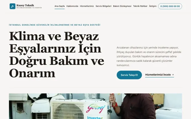 Editoryal Kahve Turkuaz – Klima ve Beyaz Eşya Servisi Web Sitesi ana sayfa görünümü