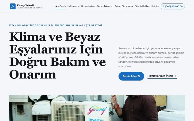 Editoryal Lacivert Mavi – Klima ve Beyaz Eşya Servisi Web Sitesi ana sayfa görünümü