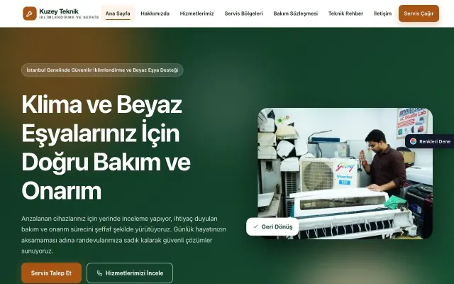 Klima ve Beyaz Eşya Servisi için Hareketli Yeşil Turuncu – Klima ve Beyaz Eşya Servisi Web Sitesi ana sayfa görünümü