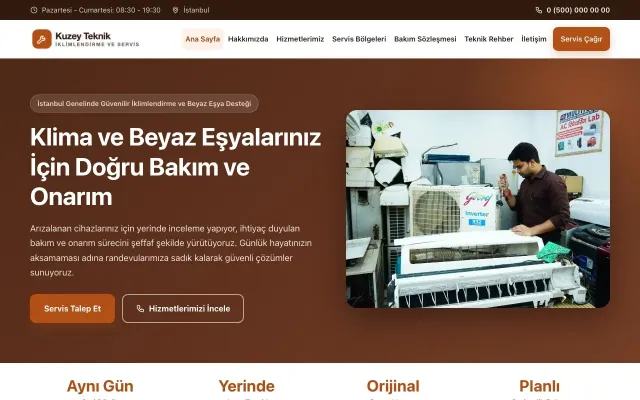 Klasik Kahve Turuncu – Klima ve Beyaz Eşya Servisi Web Sitesi ana sayfa görünümü