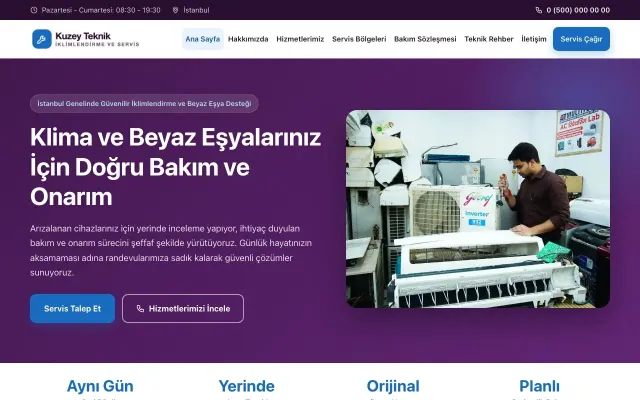 Klasik Mor Mavi – Klima ve Beyaz Eşya Servisi Web Sitesi ana sayfa görünümü
