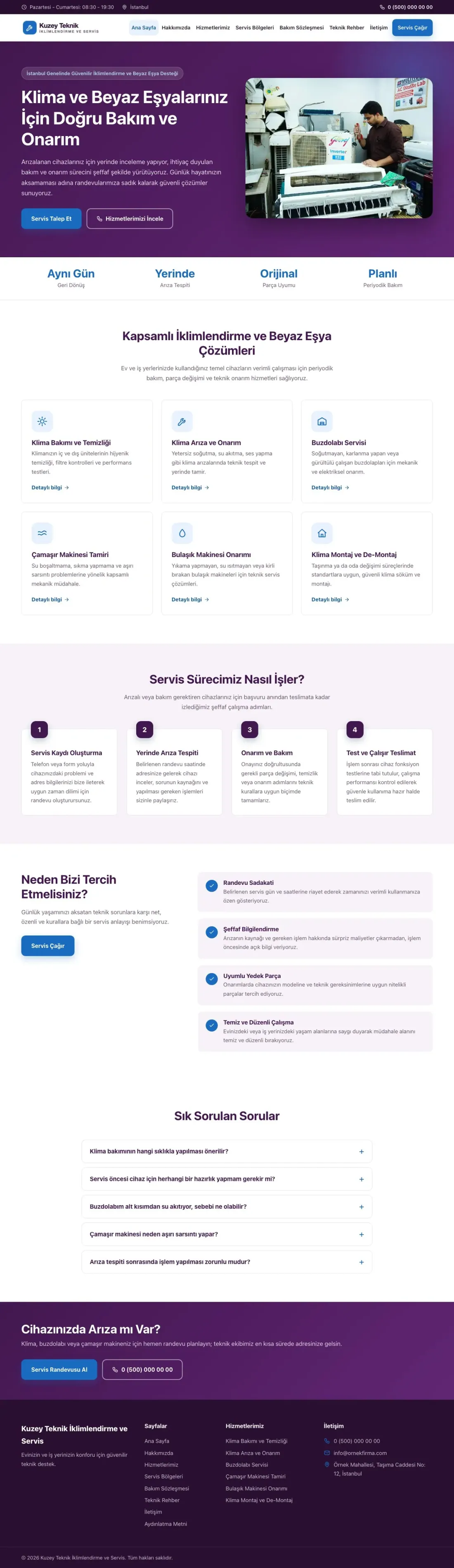 Klasik Mor Mavi – Klima ve Beyaz Eşya Servisi Web Sitesi ana sayfa görünümü