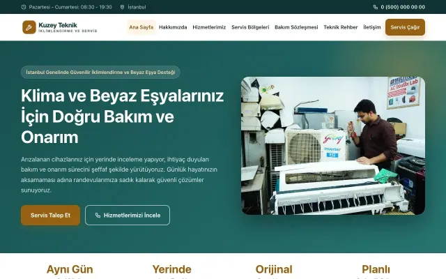 Klasik Petrol Turuncu – Klima ve Beyaz Eşya Servisi Web Sitesi ana sayfa görünümü