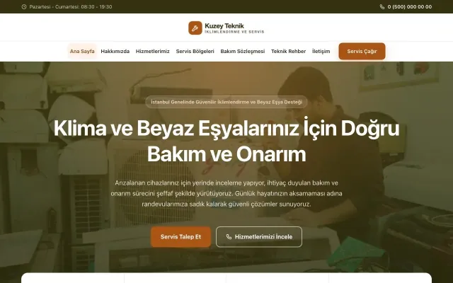 Merkez Zeytin Turuncu – Klima ve Beyaz Eşya Servisi Web Sitesi ana sayfa görünümü