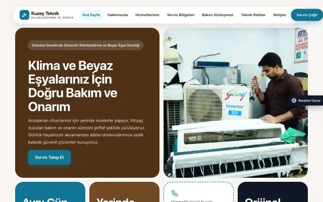 Klima ve Beyaz Eşya Servisi için Mozaik Kahve Turkuaz – Klima ve Beyaz Eşya Servisi Web Sitesi ana sayfa görünümü