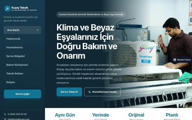 Klima ve Beyaz Eşya Servisi için Sol Menü Mavi Turkuaz – Klima ve Beyaz Eşya Servisi Web Sitesi ana sayfa görünümü