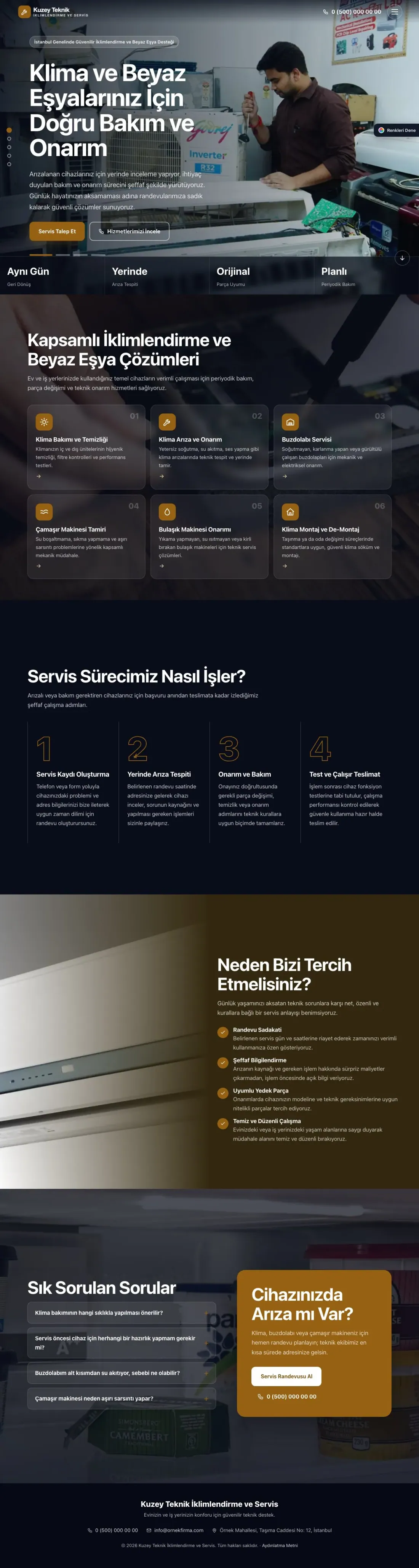 Klima ve Beyaz Eşya Servisi için Tam Ekran Kahve Turuncu – Klima ve Beyaz Eşya Servisi Web Sitesi ana sayfa görünümü