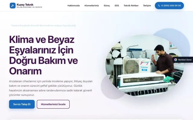 Klima ve Beyaz Eşya Servisi için Tek Sayfa Mor Mavi – Klima ve Beyaz Eşya Servisi Web Sitesi ana sayfa görünümü