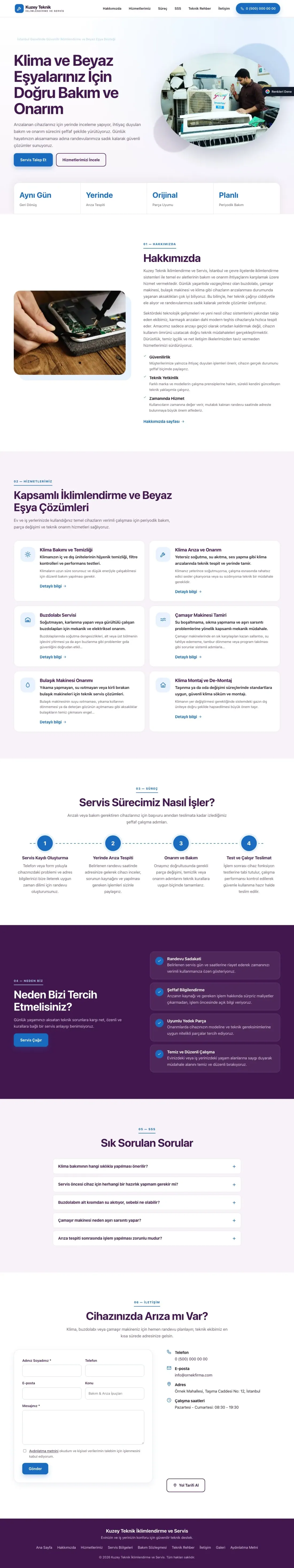 Klima ve Beyaz Eşya Servisi için Tek Sayfa Mor Mavi – Klima ve Beyaz Eşya Servisi Web Sitesi ana sayfa görünümü