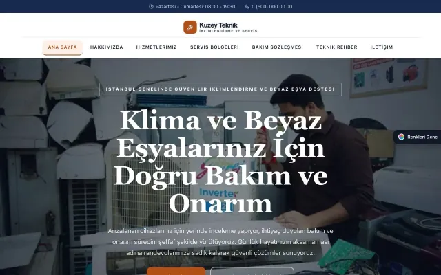 Klima ve Beyaz Eşya Servisi için Zigzag Mavi Turuncu – Klima ve Beyaz Eşya Servisi Web Sitesi ana sayfa görünümü