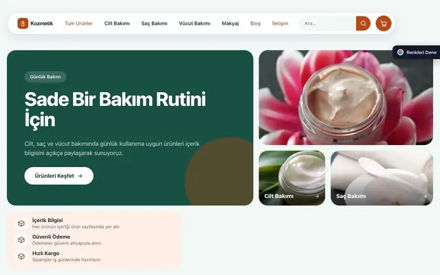 Kozmetik için Bento Petrol Turuncu – Kozmetik E-ticaret Sitesi ana sayfa görünümü