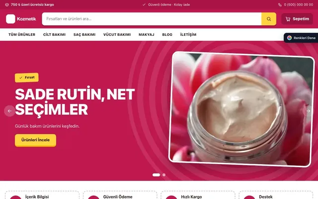 Kozmetik için Kampanya Bordo Pembe – Kozmetik E-ticaret Sitesi ana sayfa görünümü