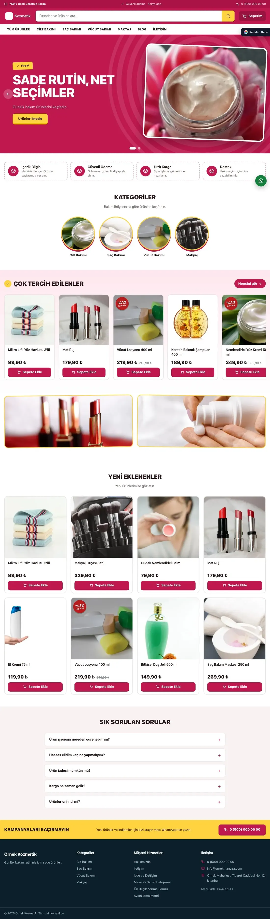 Kozmetik için Kampanya Bordo Pembe – Kozmetik E-ticaret Sitesi ana sayfa görünümü