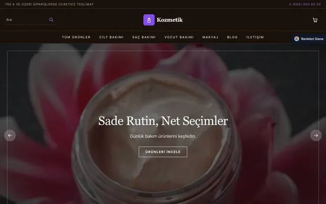 Kozmetik için Koyu Lüks Kahve Mor – Kozmetik E-ticaret Sitesi ana sayfa görünümü