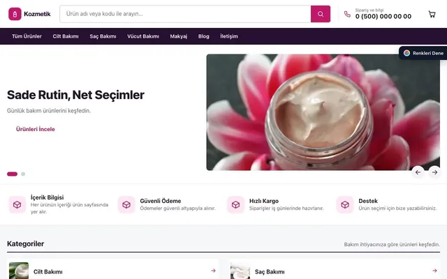 Kozmetik için Liste Mor Pembe – Kozmetik E-ticaret Sitesi ana sayfa görünümü