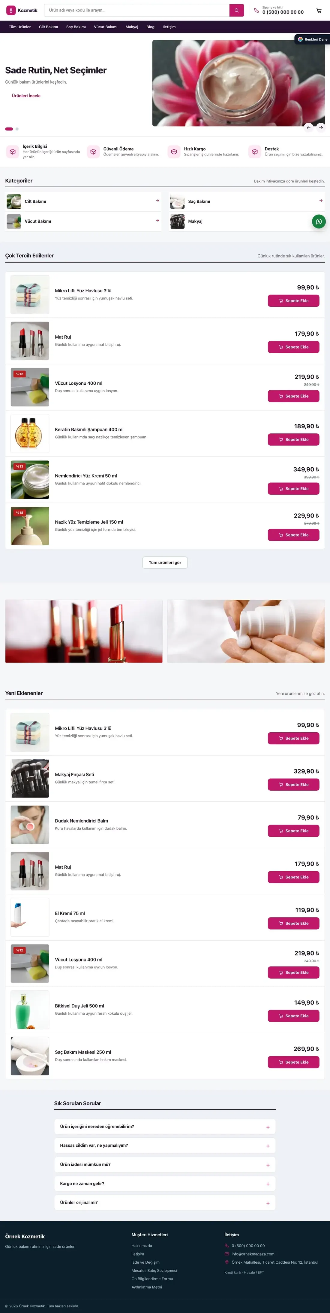 Kozmetik için Liste Mor Pembe – Kozmetik E-ticaret Sitesi ana sayfa görünümü