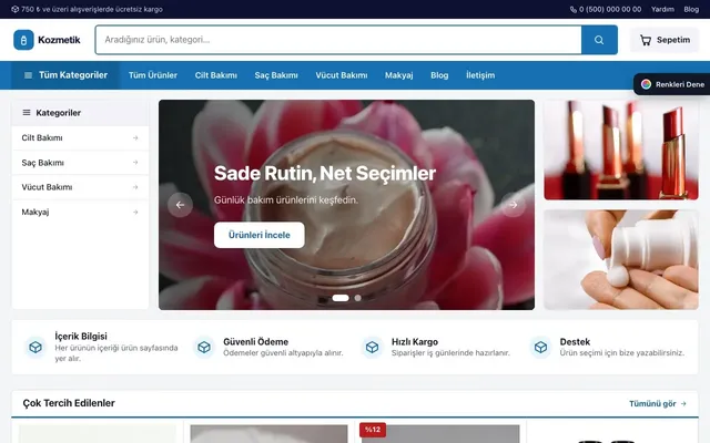Kozmetik için Pazar Yeri Lacivert Mavi – Kozmetik E-ticaret Sitesi ana sayfa görünümü