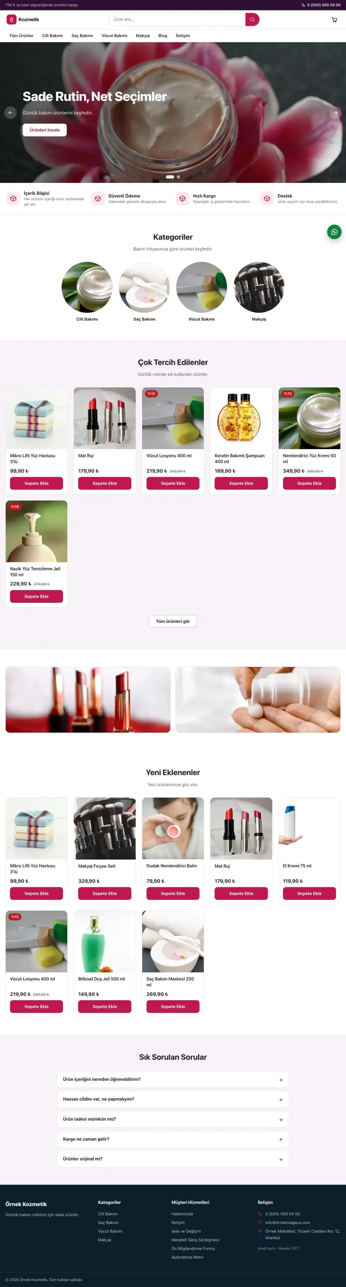 Vitrin Mor Pembe – Kozmetik E-ticaret Sitesi ana sayfa görünümü