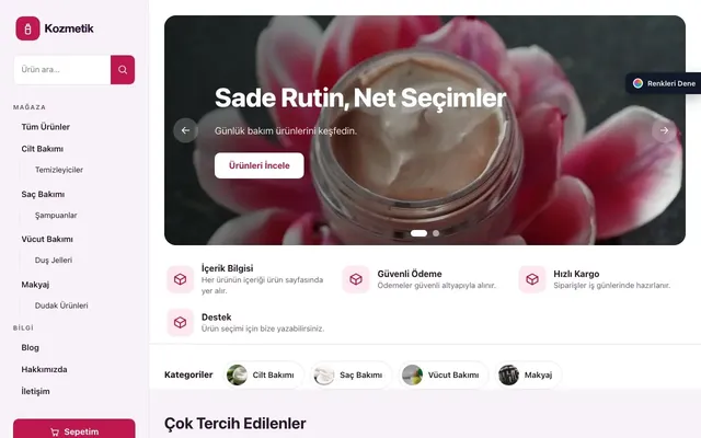 Kozmetik için Yan Menü Mor Pembe – Kozmetik E-ticaret Sitesi ana sayfa görünümü