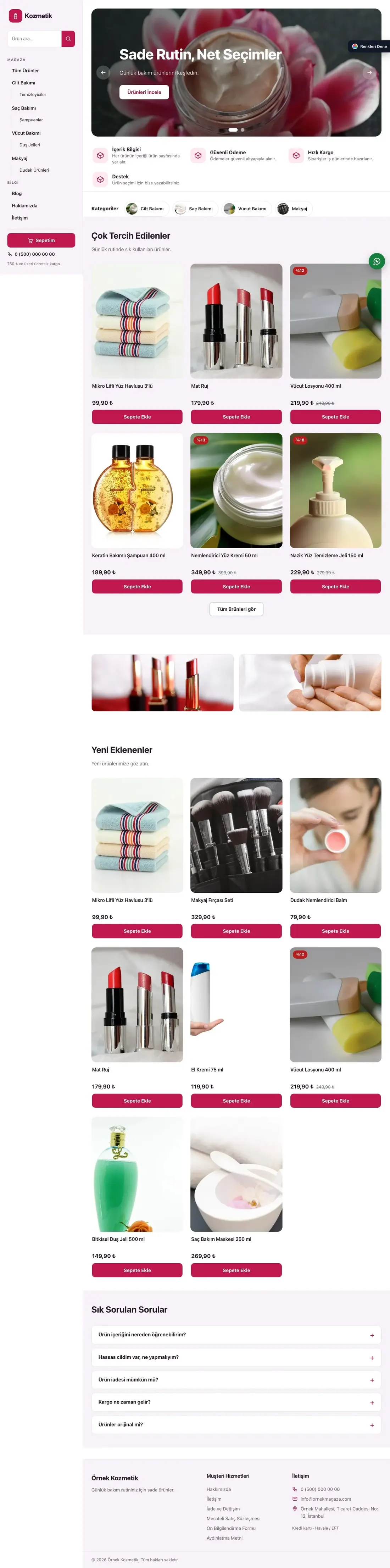 Kozmetik için Yan Menü Mor Pembe – Kozmetik E-ticaret Sitesi ana sayfa görünümü
