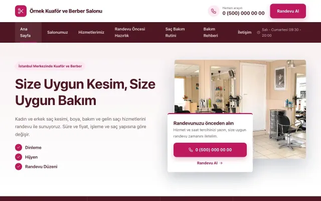 Kuaför ve Berber için Bölünmüş Bordo Pembe – Kuaför ve Berber Web Sitesi ana sayfa görünümü