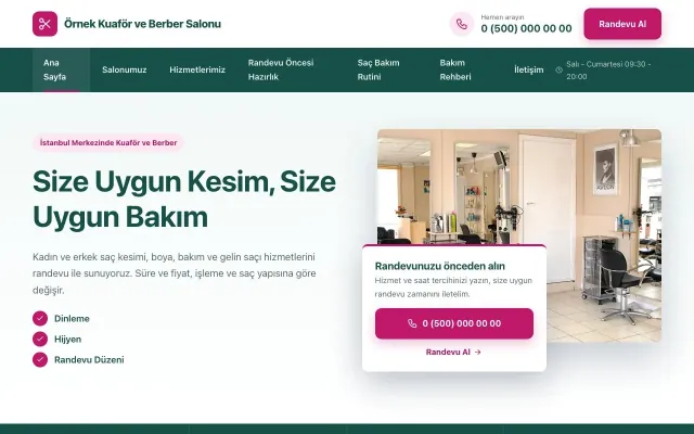 Kuaför ve Berber için Bölünmüş Petrol Pembe – Kuaför ve Berber Web Sitesi ana sayfa görünümü