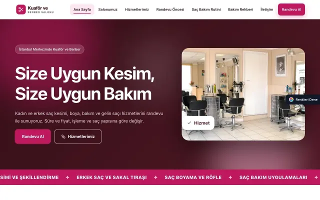 Kuaför ve Berber için Hareketli Bordo Pembe – Kuaför ve Berber Web Sitesi ana sayfa görünümü